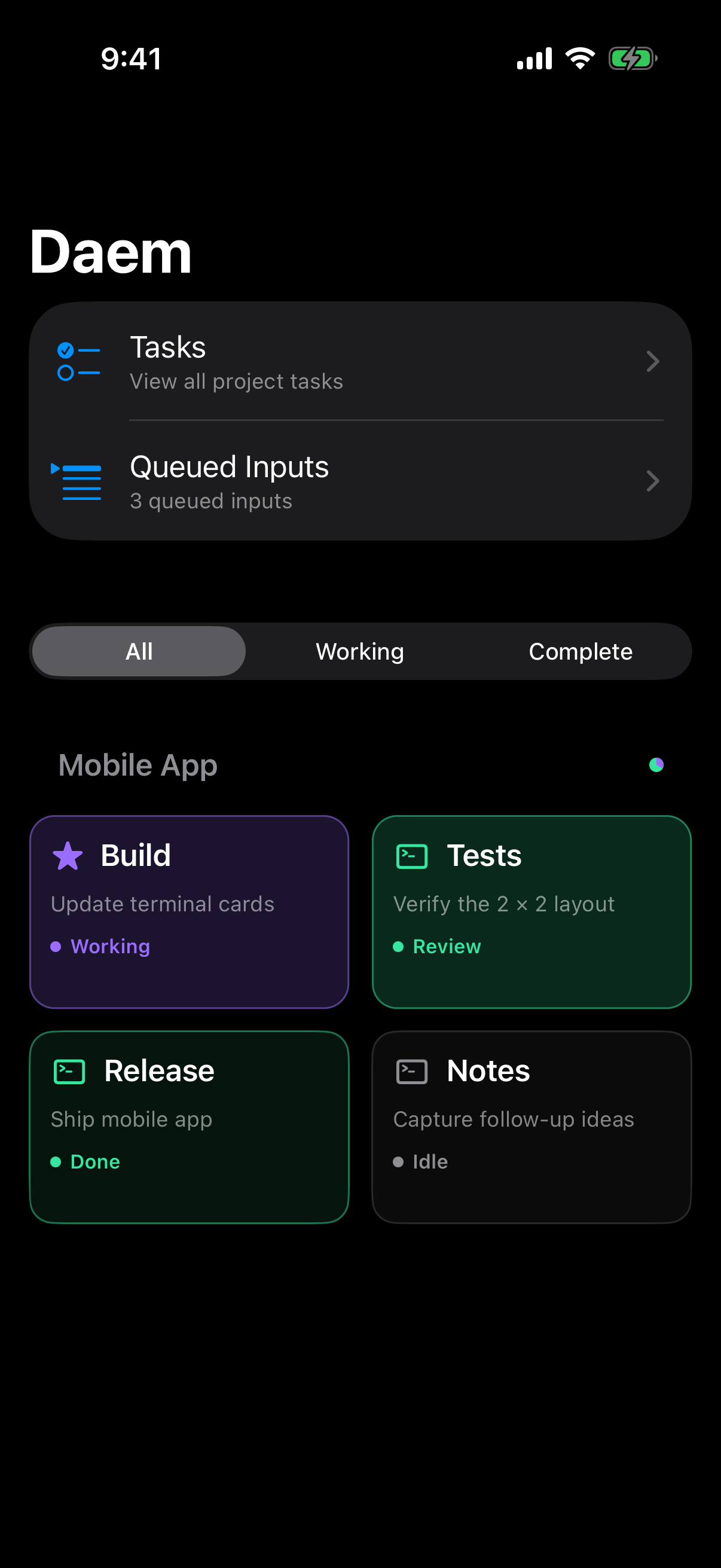 Daem running on an iPhone, showing Daem tasks, queued inputs, terminal status filters, and a two-by-two terminal grid